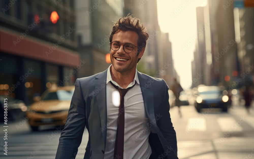 a businessman's smiling as she walks down the street a businessman's smiling as she walks down the street