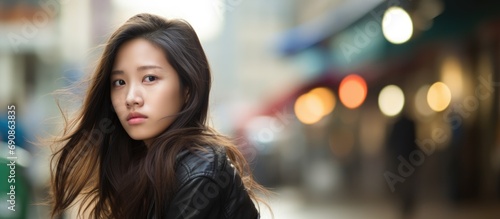 Asian woman pensive in urban area.