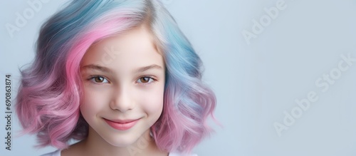 7-8-year-old girl with cute gradient-colored hair, home beauty salon, first dye experience during coronavirus pandemic, online courses, girl empowerment.