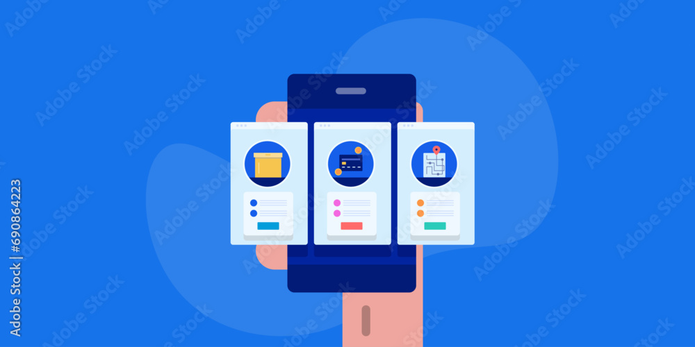UI design interface, ecommerce mobile app display, online shopping cart on smartphone screen. Vector illustration web banner.