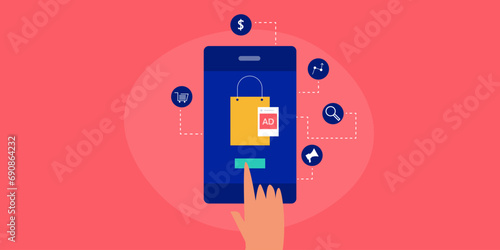 Digital advertising, social media promotion, sponsored ecommerce post business spending money on mobile ad network, marketing investment concept. Vector illustration web banner.