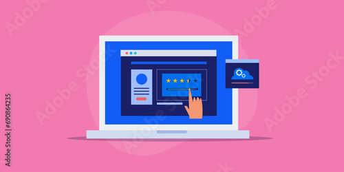 Cloud software SaaS technology product review and rating by user online, vector illustration.