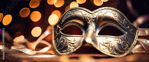 Realistic image of a silver masquerade mask with intricate designs and a black ribbon, set against a background of warm bokeh lights. photo