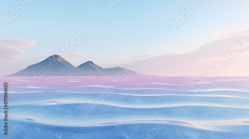 Panoramic view of a serene landscape with water, mountains, and a blue sky