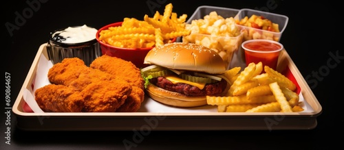 Assorted fried foods in tray - chicken sandwich, cheeseburger, fries, and boneless wings.