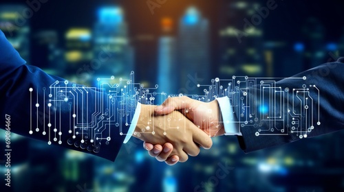 Double exposure of a handshake and a cityscape, representing business and partnership