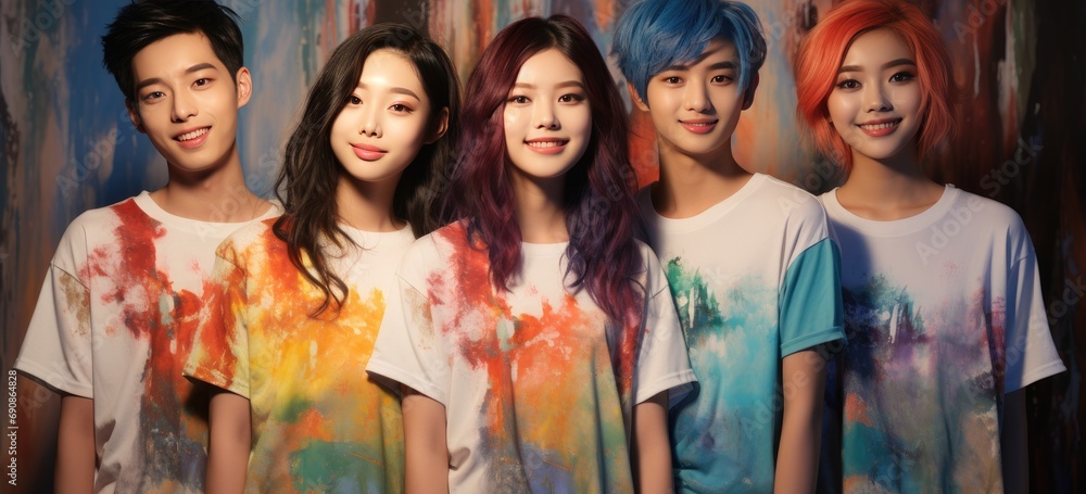 young smiling asian ladies and boys standing next to each other in their fashion t-shirts young smiling asian ladies and boys standing next to each other in their fashion t-shirts