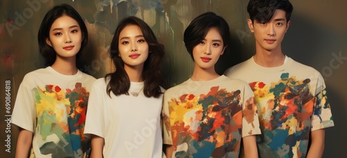 young smiling asian ladies and boys standing next to each other in their fashion t-shirts