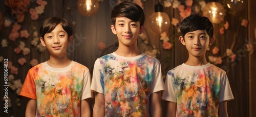 young smiling asian ladies and boys standing next to each other in their fashion t-shirts photo
