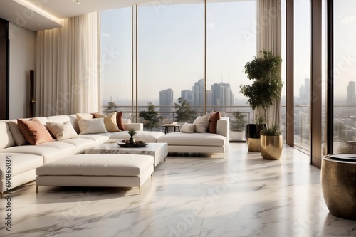 Luxurious High-rise Apartment Living Room with Cityscape View