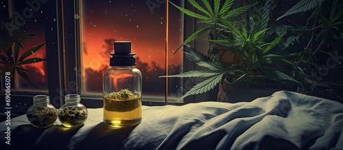 Bedroom at night with CBD oil, capsules, and cannabis branch to boost melatonin and fight sleep issues. photo