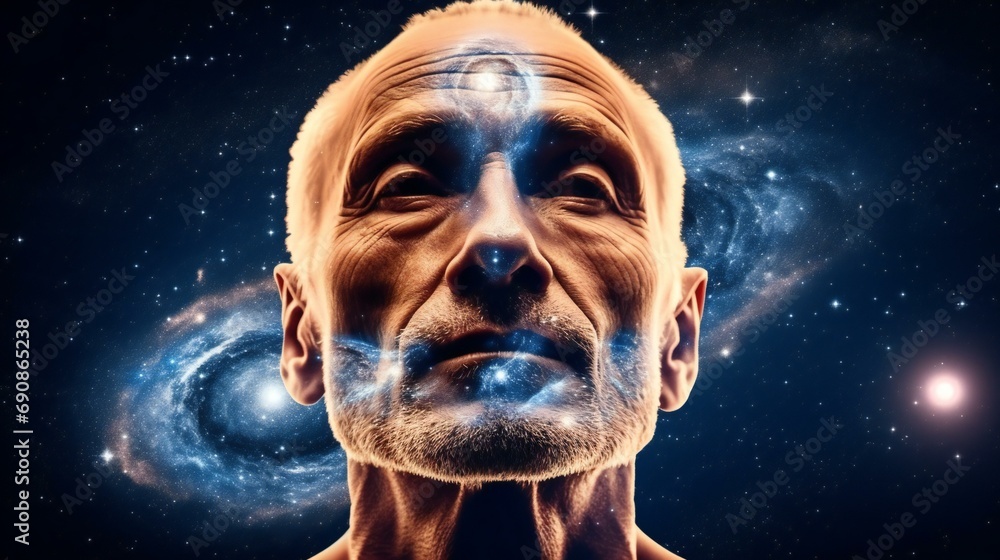 Abstract portrayal of the human face in space, conveying themes of imagination, consciousness, and identity