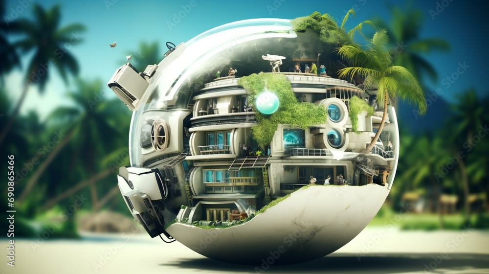 Conceptual illustration of the Earth with various elements representing ecology, conservation, and technology Conceptual illustration of the Earth with various elements representing ecology, conservation, and technology