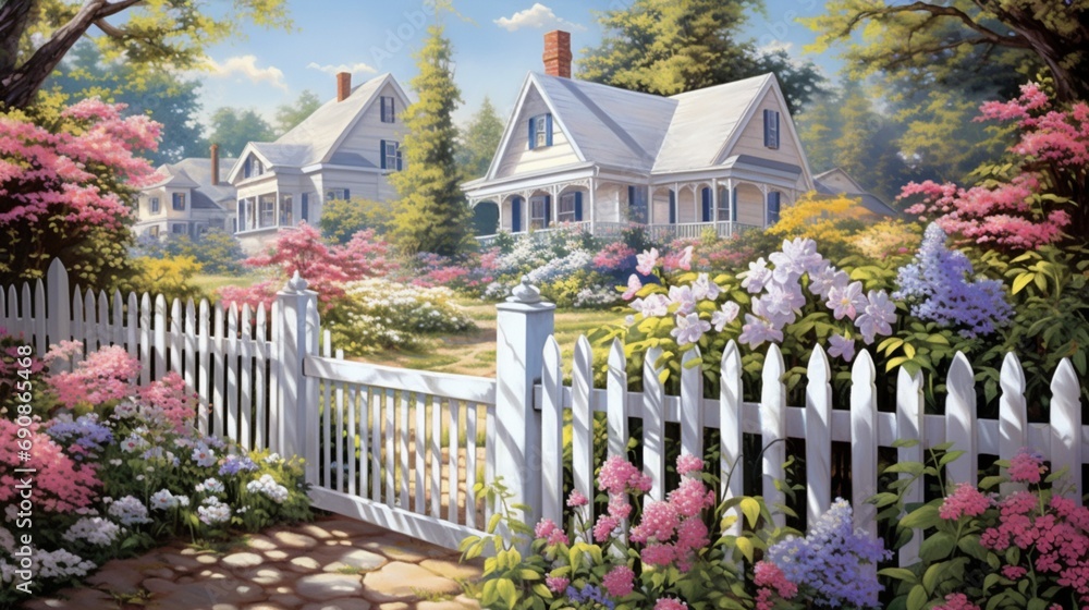 a charming image of a white picket fence wrapped in lush ivy and spring flowers, a symbol of country living in the heart of spring.