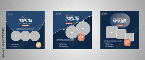 Holiday travel, traveling or summer beach travelling social media post or web banner template design. Tourism business marketing flyer or poster with abstract digital background, logo and icon.