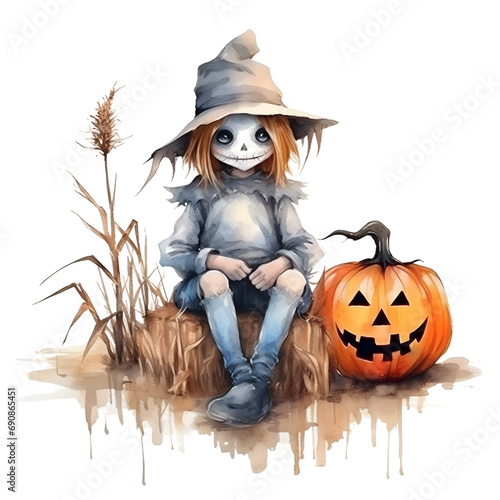 Cute cartoon watercolor halloween scarecrow on a transparent background