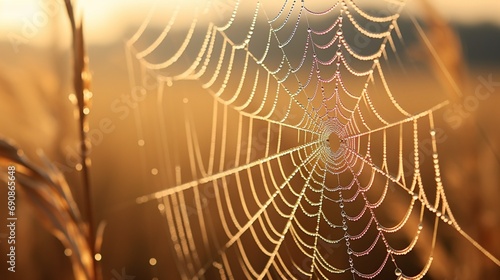 a close-up of a dew-covered spider's web glistening in the soft morning light, emphasizing the delicate intricacies of the natural world. © balqees