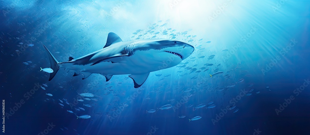 Obraz premium Two sharks swimming underwater in a blue gradient backdrop.