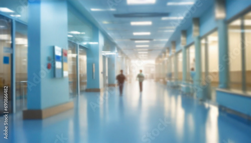 Empty hospital corridor with medical equipment. Blurred background, selective focus photo