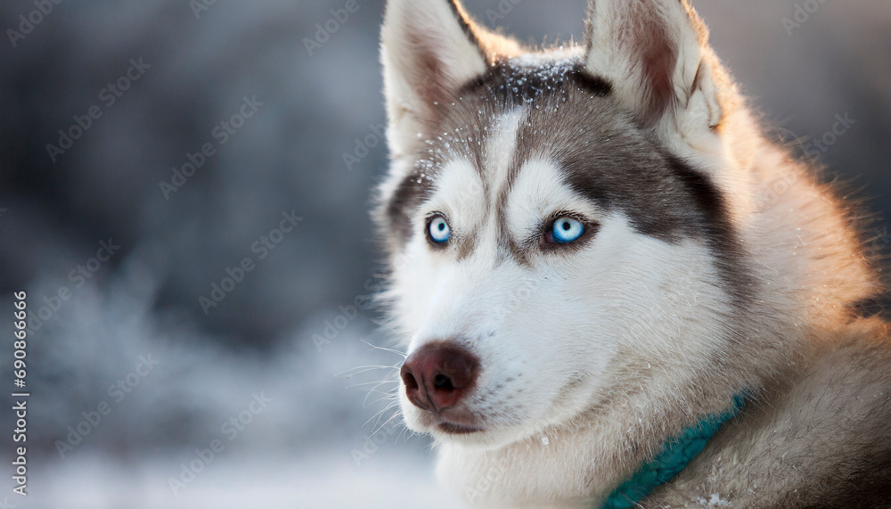 Siberian husky outdoor portrait with winter background