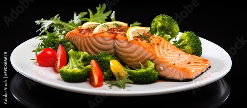 Salmon fillet served with vegetables.