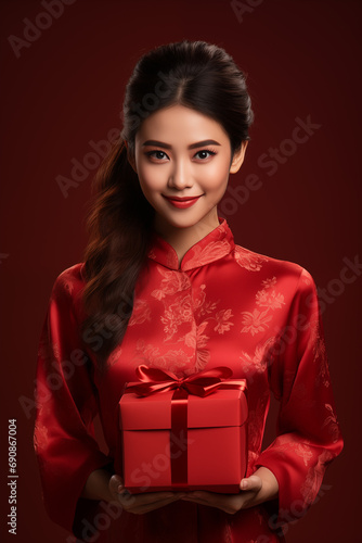 Happy Chinese new year, Asian young woman holding gift box wearing traditional cheongsam dress on red background, Generative AI