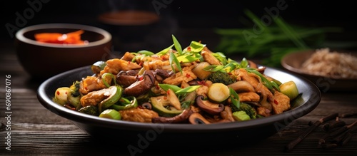 Chinese stir-fry with marinated pork, cucumber, egg scramble, scallions, mushrooms. photo