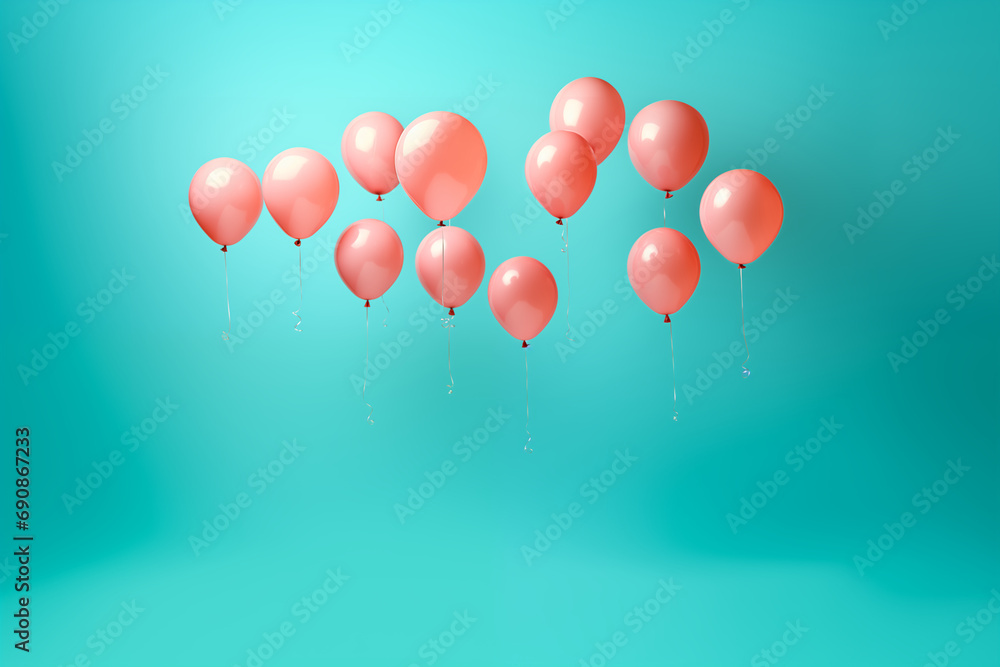 pink balloons isolated on blue background with copy space, blank space for text