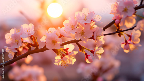梅の花のアップ、太陽と梅の花の春の風景 photo