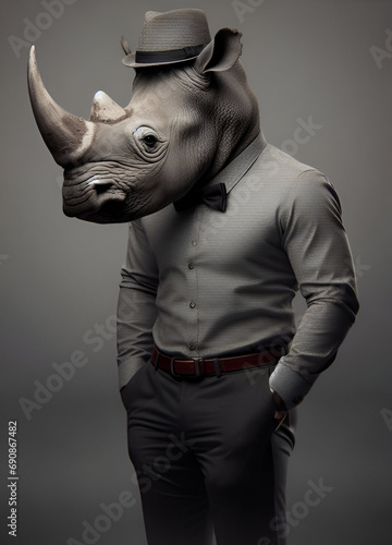 Photo fashion rhino in shirt gray monochrome portrait