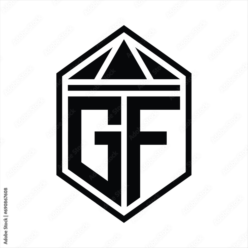 GF Letter Logo monogram simple hexagon shield shape with triangle crown isolated style design GF Letter Logo monogram simple hexagon shield shape with triangle crown isolated style design