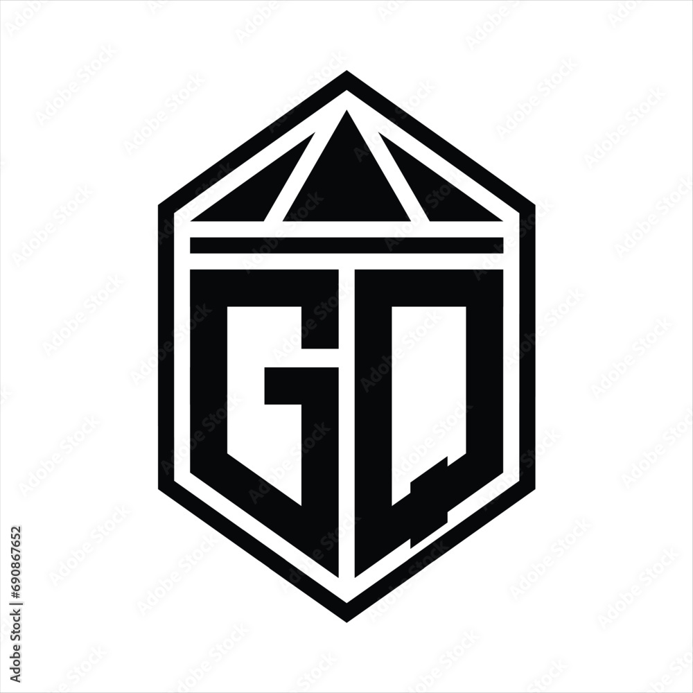 GQ Letter Logo monogram simple hexagon shield shape with triangle crown isolated style design GQ Letter Logo monogram simple hexagon shield shape with triangle crown isolated style design