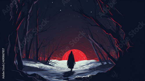 恐ろしい冬の森で見知らぬ人に遭遇する赤いマントを着た人物GenerativeAI