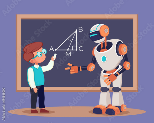 Robot and school boy near blackboard in classroom. Flat vector illustration. Robot teacher helping kid to solve mathematical task. Artificail intelligence in education concept photo