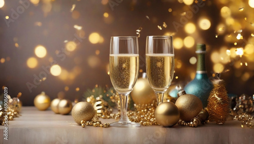 champagne glasses with new year decorations