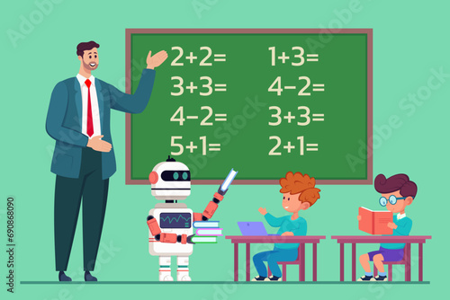 Robot helping teacher in classroom vector illustration. Male teacher explaining tasks to school children, robot giving books to them. Robotics, assistance, modern technology in education concept
