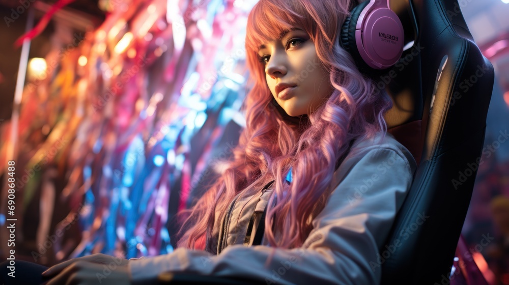 Obraz premium Neon Gamer Life: Stylish E-Girl in Gaming Session