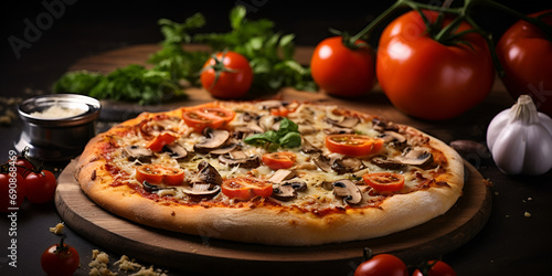 Pizza with mozzarella, tomatoes and basil on wooden background table, Classic Margherita Pizza on Wooden Table