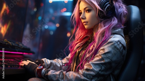 Cyberpunk Gamer Girl: Intense Play in a Neon World