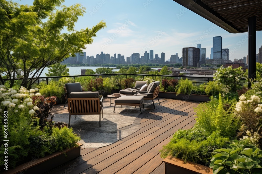Photo of a contemporary urban rooftop garden with lush greenery and city views. Generative AI