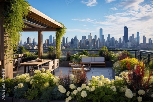 Photo of a contemporary urban rooftop garden with lush greenery and city views. Generative AI photo
