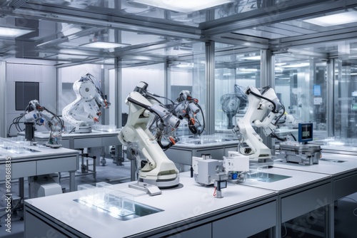 Photo of a cutting edge robotics laboratory. Generative AI