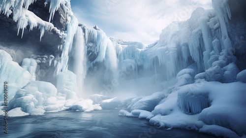 a frozen waterfall, its cascading waters turned to ice, creating a magical, crystalline spectacle.
