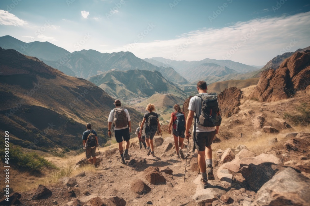 Photo of a group of diverse hikers exploring a rugged mountain trail. Generative AI