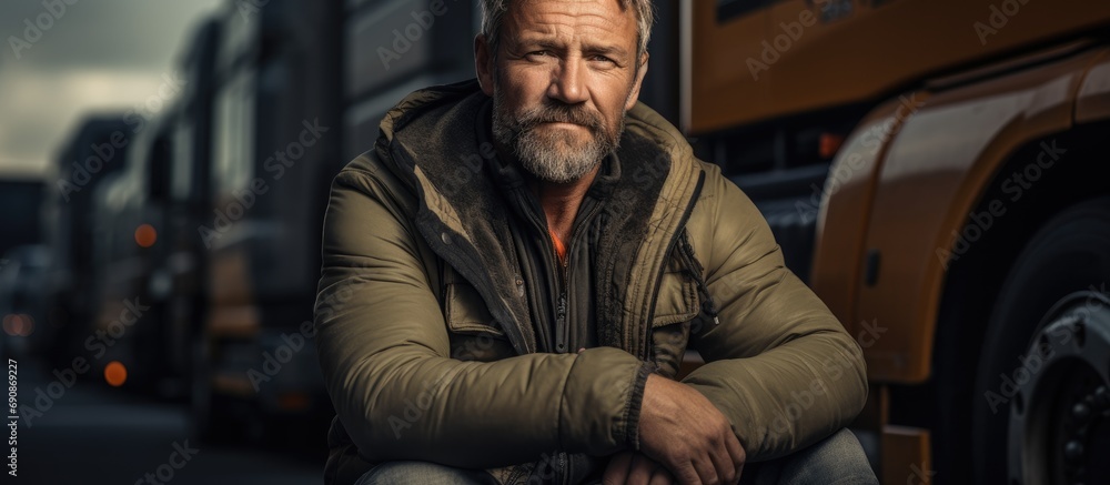 Middle-aged Caucasian truck driver on coffee break at truck stop, focused on ground transportation.