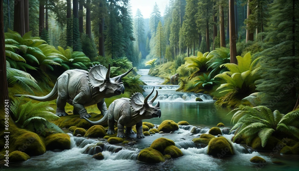 Two Triceratops by a river - obrazy, fototapety, plakaty 