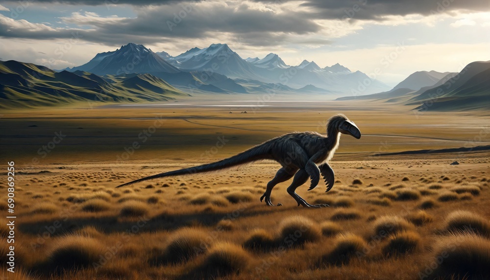 A lone Gigantoraptor roaming across a vast grassy plain - obrazy, fototapety, plakaty 