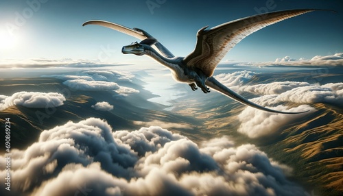 A Quetzalcoatlus flying high above the clouds