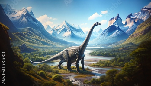  A large Diplodocus in a mountainous landscape