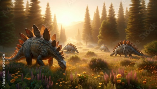 A Stegosaurus family grazing in a meadow at dawn © Nicko